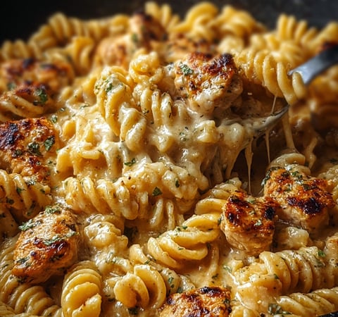 A delicious meal of Cheesy Cajun Garlic Chicken Rotini Skillet Recipe is being cooked.