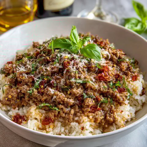 A bowl of beef and rice with a sprig of basil on top.
