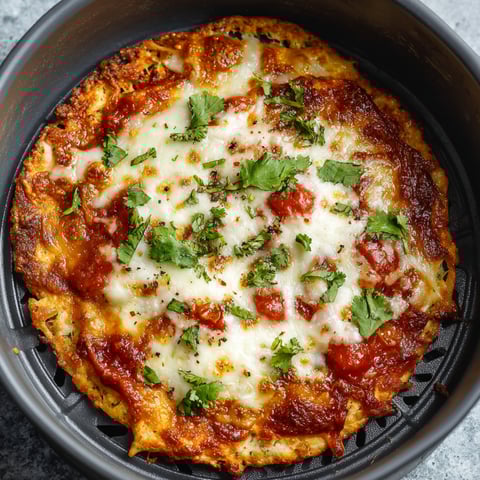 A close-up of a delicious homemade pizza with cheese and tomatoes, cooked in an air fryer.