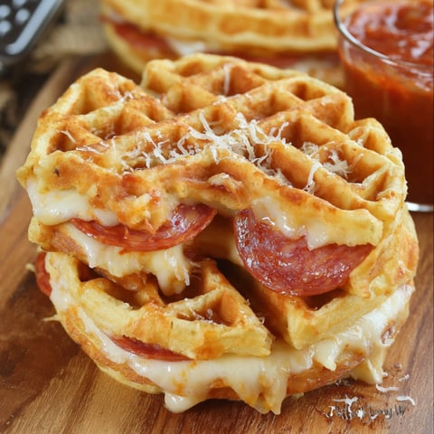A delicious pizza stuffed waffle with cheese and tomato sauce.