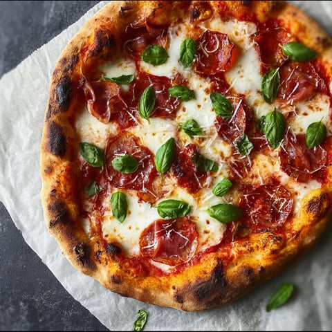 A close up of a Neapolitan pizza with fresh basil leaves on top.