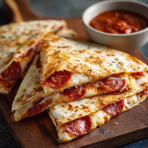 A delicious 5-minute pepperoni pizza quesadilla is ready to be enjoyed.
