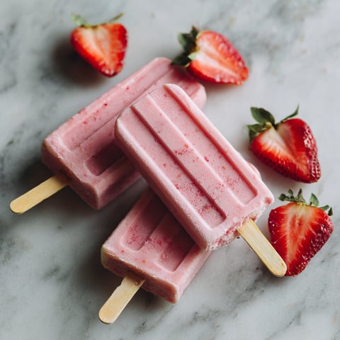 Two popsicles made with strawberries and bananas, sitting on a marble counter.