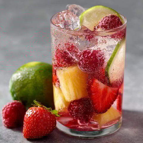 A glass of Fruit Ice Cubes is served with a slice of lime and a strawberry.