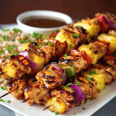 A plate of delicious Hawaiian chicken kebabs, served with a side of rice and a dipping sauce.