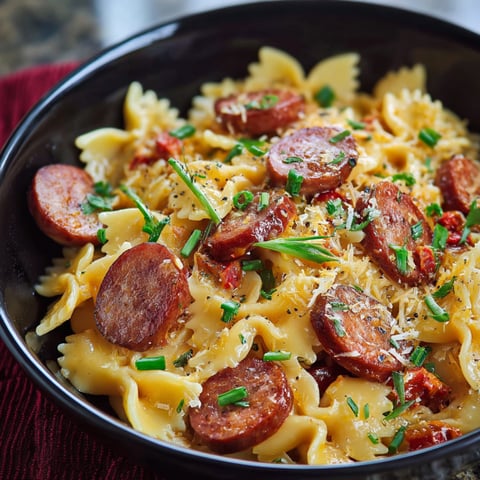 A bowl of pasta with sausage and vegetables, likely a one pot kielbasa pasta dish.