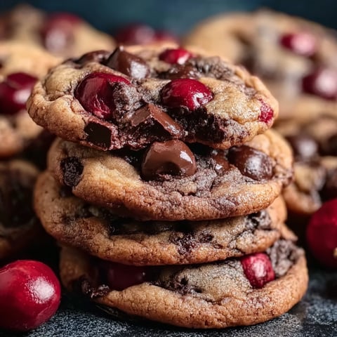 A stack of three chocolate cookies with cherries on top.