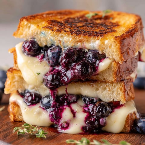 A delicious Blueberry Brie Grilled Cheese sandwich is stacked on a wooden cutting board.