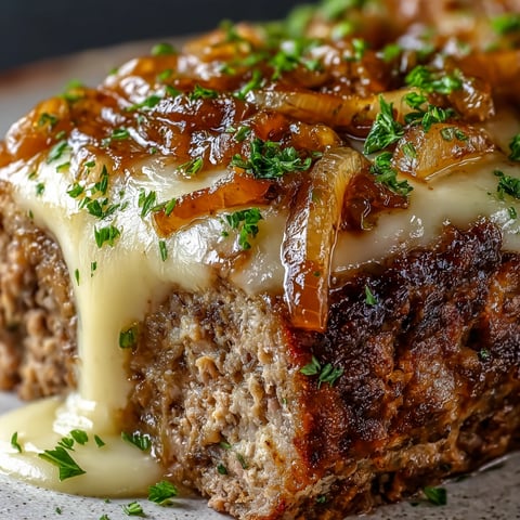 A delicious crockpot French Onion Meatloaf with melted Swiss cheese.