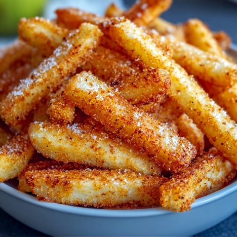 A bowl filled with crispy air fryer apple fries.