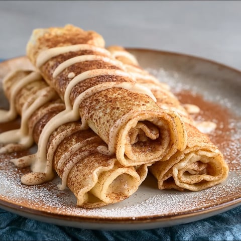 A plate of cinnamon roll protein crepes with icing on top.