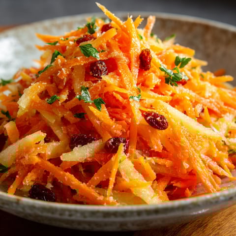 A bowl of carrot apple salad with a generous amount of carrots and apples.