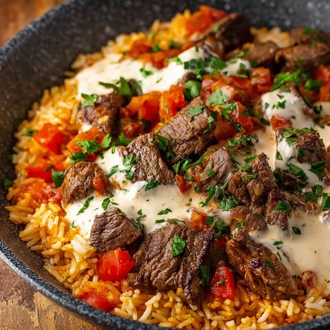 A delicious meal of steak and queso rice served in a bowl.