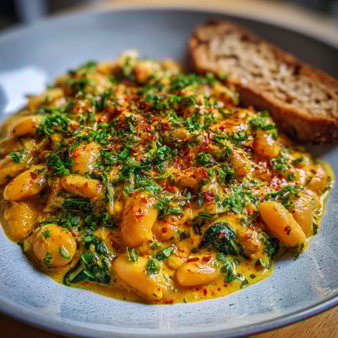 A plate of Curried Butter Beans with a slice of bread on the side.