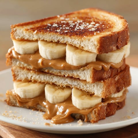 A delicious grilled peanut butter banana sandwich is stacked on a plate.