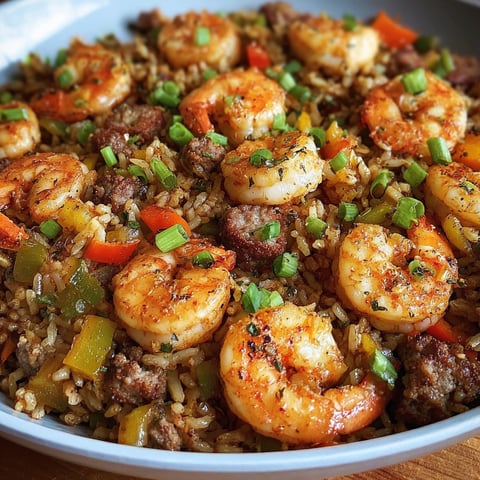 A bowl of Shrimp Dirty Rice is filled with shrimp, rice, and vegetables.