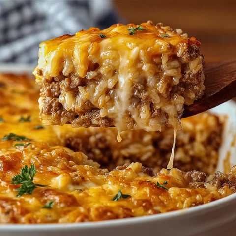 A person is taking a slice of cheesy ground beef rice casserole.