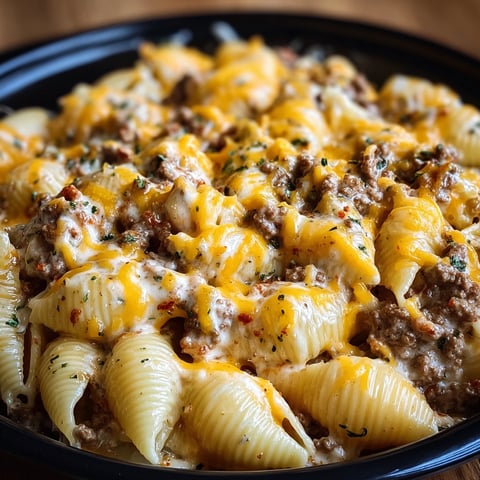 A bowl of pasta with cheese and beef in a crockpot.