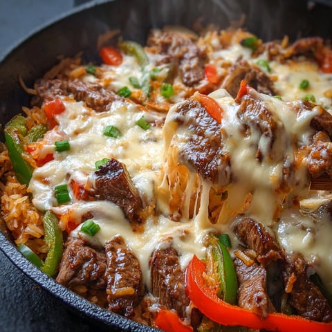 A delicious Queso Steak Fajita Skillet filled with meat, cheese, and peppers.