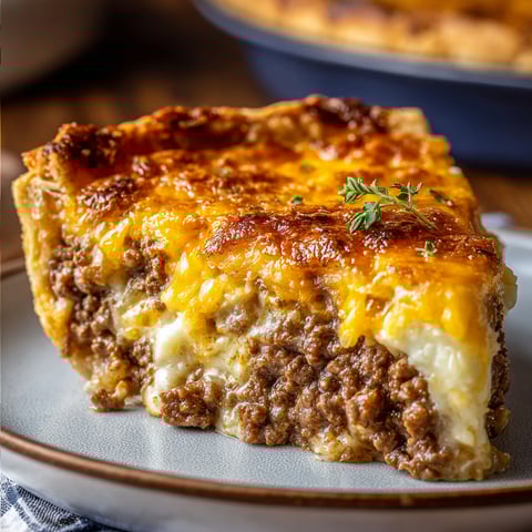 A slice of cheeseburger pie is served on a plate.