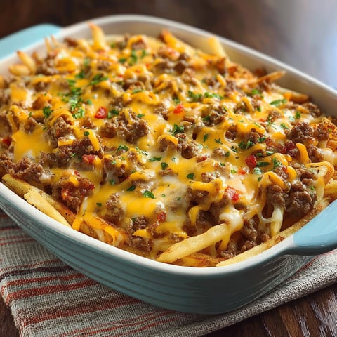 A delicious Cheeseburger French Fry Casserole is ready to be served.