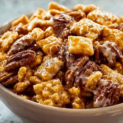 A bowl of Praline Crunch cereal with a drizzle of caramel sauce on top.