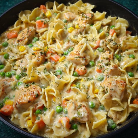 A delicious Chicken Pot Pie Pasta dish with a variety of ingredients, including chicken, pasta, peas, and carrots.