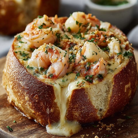 A delicious seafood stuffed bread bowl with shrimp and cheese.