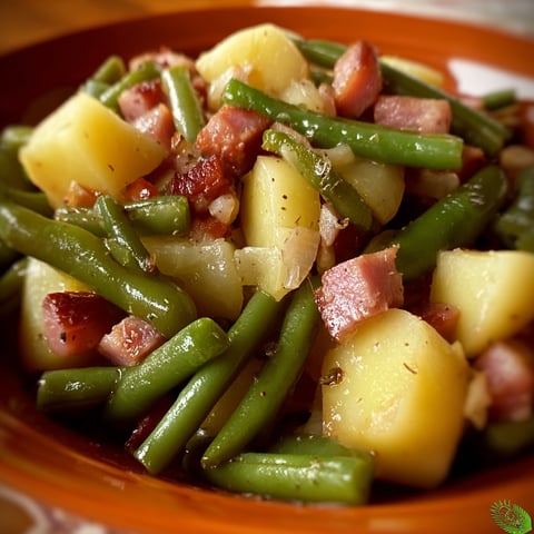 A delicious meal of ham, green beans, and potatoes is served in a bowl.