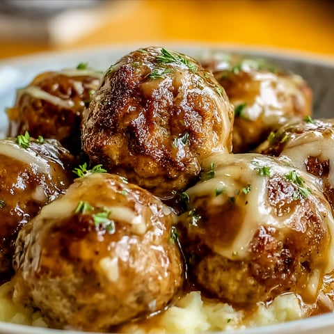 A plate of meatballs covered in a brown sauce, served with mashed potatoes.