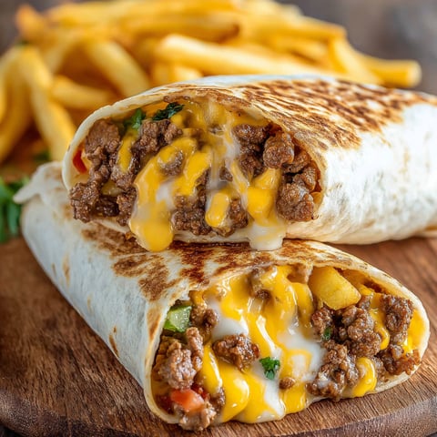 A delicious Beefy Cheesy Fries Burrito Wrap is served on a wooden table.