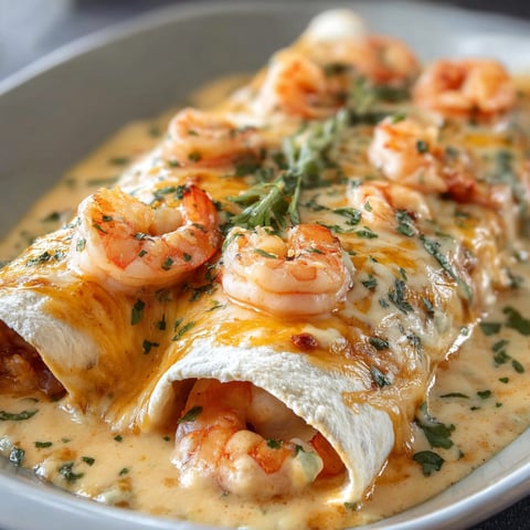 A delicious Shrimp Enchiladas Cream Sauce dish is served in a bowl, with shrimp and cheese filling the tortilla.
