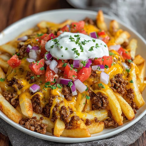 A plate of Loaded Cheese Fries Beef, topped with tomatoes and onions, is served on a dining table.