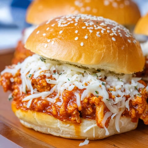 A delicious Chicken Parmesan Sloppy Joes sandwich with melted cheese and tomato sauce.