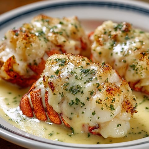 A plate of lobster tails covered in a creamy garlic butter sauce.