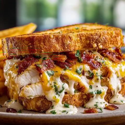 A delicious Cheddar Bacon Ranch Chicken Melt is served on a plate with a side of fries.