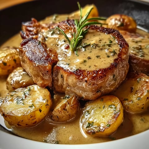 A delicious meal of smothered pork chops with potatoes in gravy.