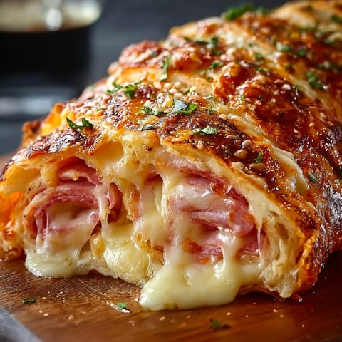 A slice of Italian Stromboli Stuffed Bread is served on a wooden cutting board.