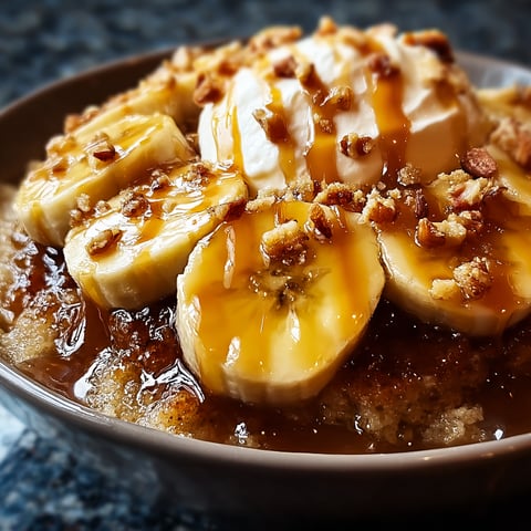 A delicious Southern Banana Cobbler with bananas, nuts, and caramel sauce.