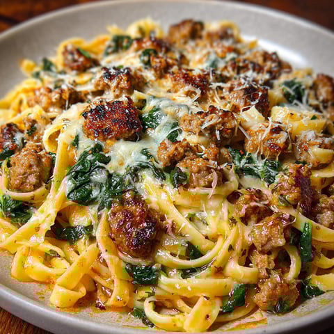 A delicious meal of Cheesy Garlic Butter Linguine with Beef, Sausage and Spinach.