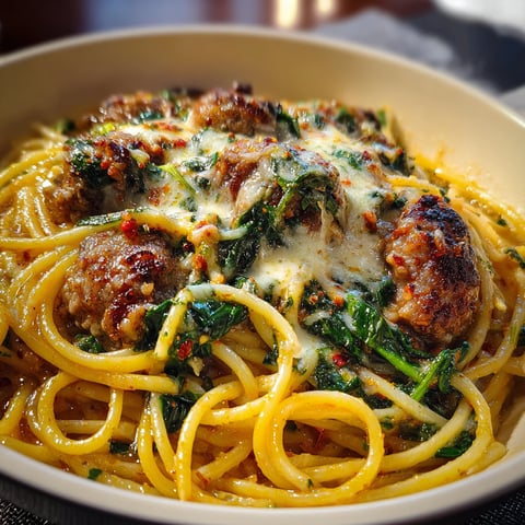 A delicious plate of spaghetti with Italian sausage and spinach, topped with cheesy garlic butter.