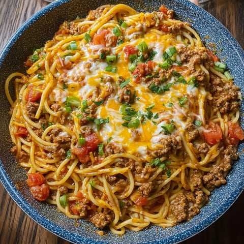 A bowl of taco spaghetti with tomatoes, cheese, and meat.