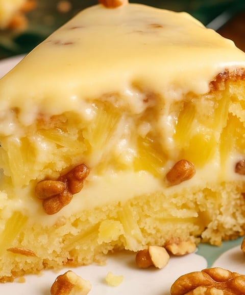 A slice of Hawaiian Pineapple Cake with nuts on top.