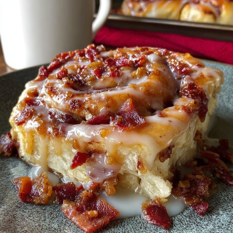 A delicious looking cinnamon roll with bacon and maple syrup on top.
