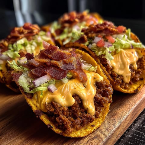 A delicious Loaded Bacon Cheeseburger Taco is served on a wooden platter.