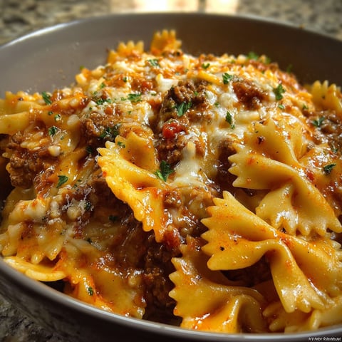 A bowl of pasta with meat sauce and cheese.
