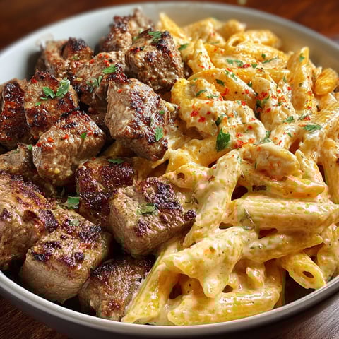 A delicious meal of Cajun Steak Tips in Cheesy Penne Parmesan Sauce.