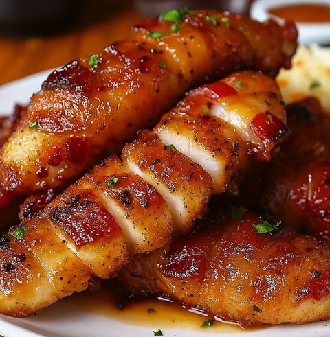 A plate of bacon brown sugar chicken tenders, cooked to perfection and ready to be enjoyed.