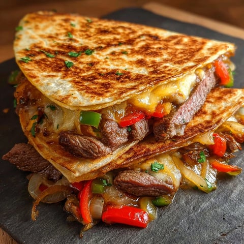A delicious Pepper Steak Cheesy Quesadilla is served on a wooden table.