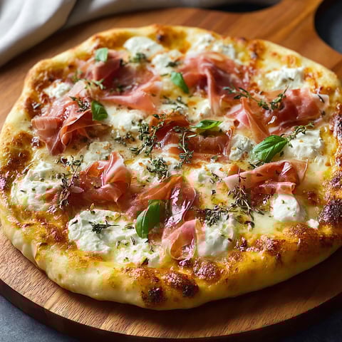 A delicious white pizza with prosciutto and hot honey is ready to be served.
